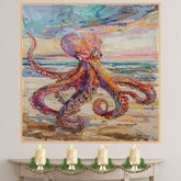 Watercolor Painting of a Vibrant Multicolored Octopus on Sandy Beach with Ocean Waves and Colorful Sunset Sky Background on Ready to Hang 1.5" Thick Canvas Wrap, Floating Framed Canvas, Flat Rolled Canvas